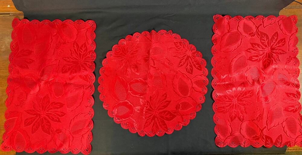 Vintage Red Christmas Silk Table Linens Set of 3 Poinsettia & Holly Placemats